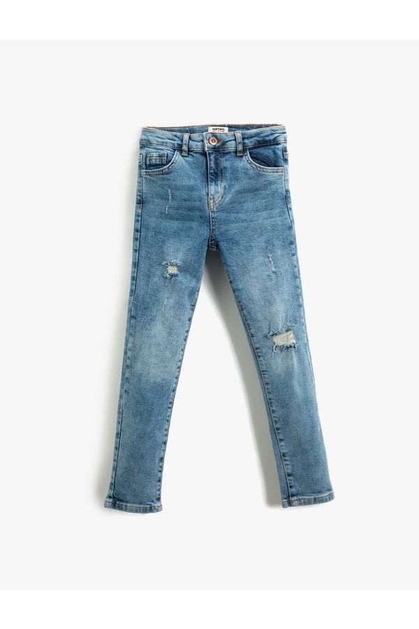 Koton Koton Denim Trousers Worn Detailed Cotton Slim Jeans with an Adjustable Elastic Waist.