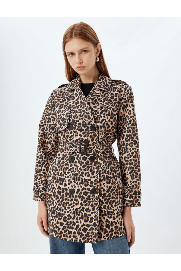 Koton Koton Double Breasted Belted Leopard Patterned Trench Coat