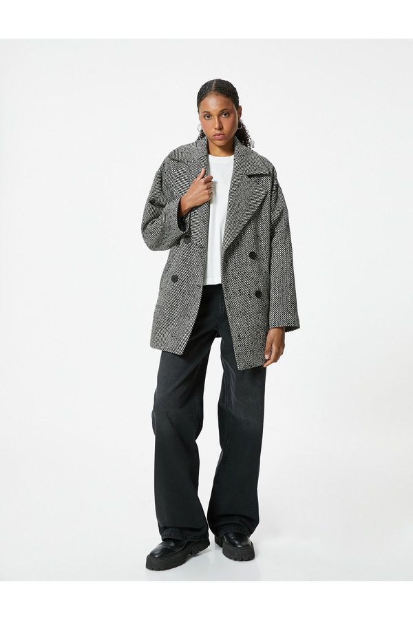 Koton Koton Double Breasted Coat with Buttoned Herringbone Pattern and Pocket Detail