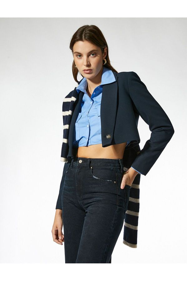 Koton Koton Double Breasted Crop Blazer Jacket Buttoned Reverse Collar