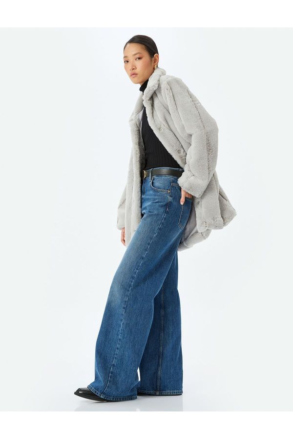 Koton Koton Double Breasted Faux Für Coat with Pocket Stand Collar