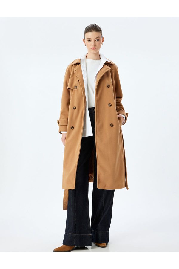 Koton Koton Double Breasted Long Cashmere Coat with Buttoned Pocket and Belt Detail