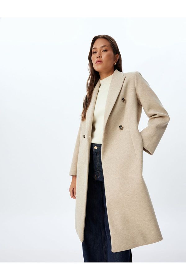 Koton Koton Double Breasted Long Cashmere Coat with Hidden Pockets