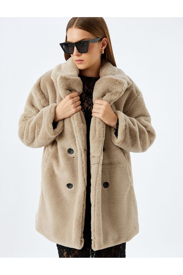 Koton Koton Double Breasted Plush Coat with Buttoned Pockets