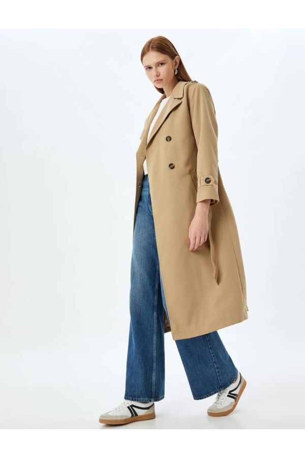 Koton Koton Double Breasted Reverse Collar Buttoned Trench Coat with Belt Detail