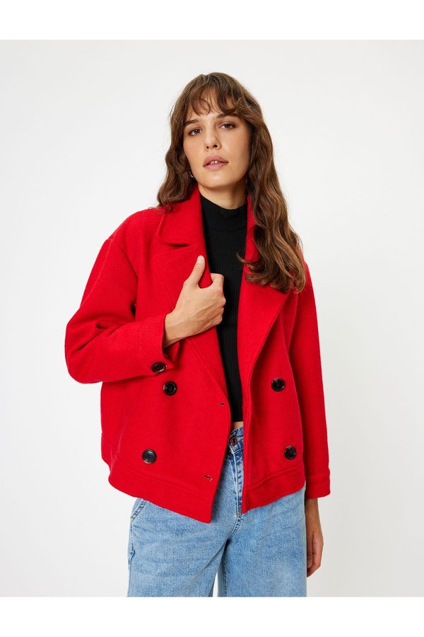 Koton Koton Double-Breasted Short Cashmere Coat with Reverse Collar and Pockets