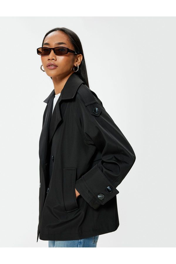 Koton Koton Double Breasted Short Trench Coat with Reverse Collar Pockets