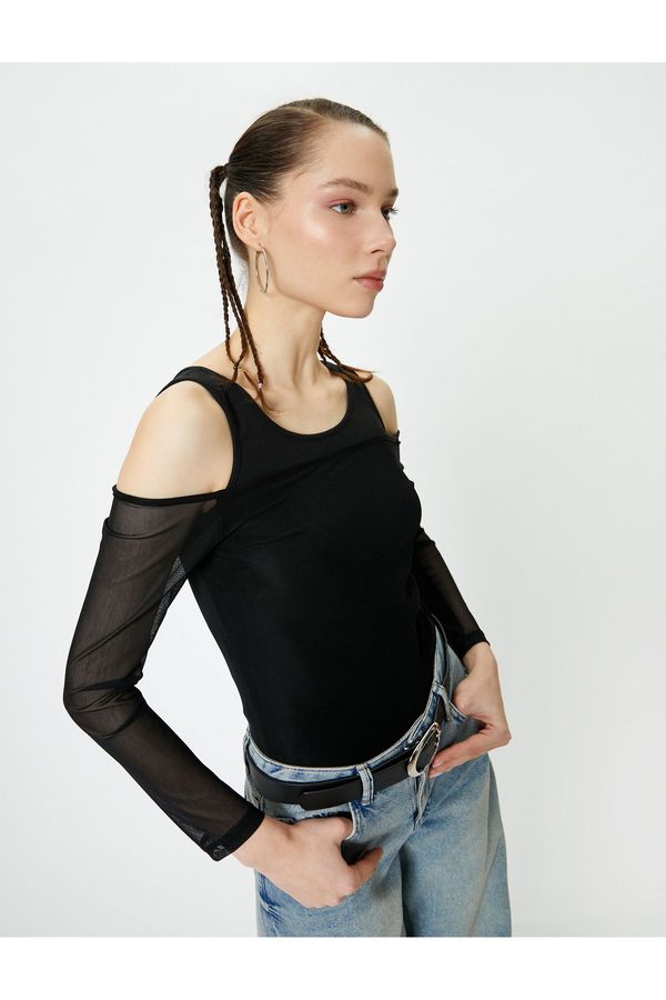 Koton Koton Double Fabric Use Tulle T-Shirt Long Sleeve Slim Fit