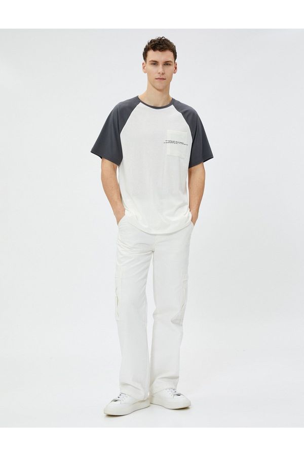 Koton Koton Embroidered Motto T-Shirt Raglan Sleeve Pocket Detailed Crew Neck.