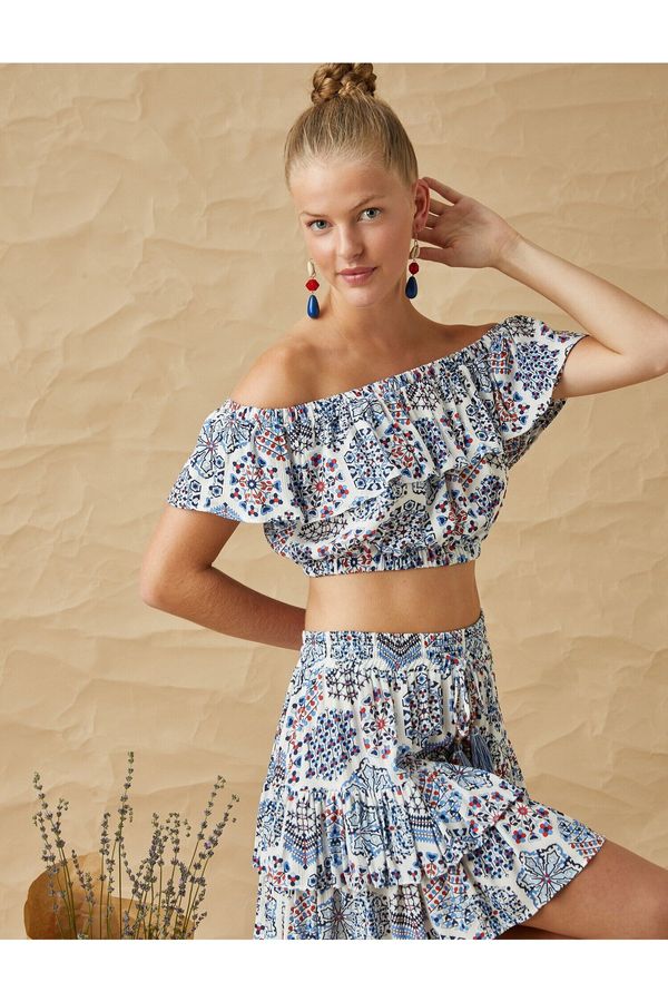Koton Koton Ethnic Patterned Off-Shoulder Crop Top With Ruffles