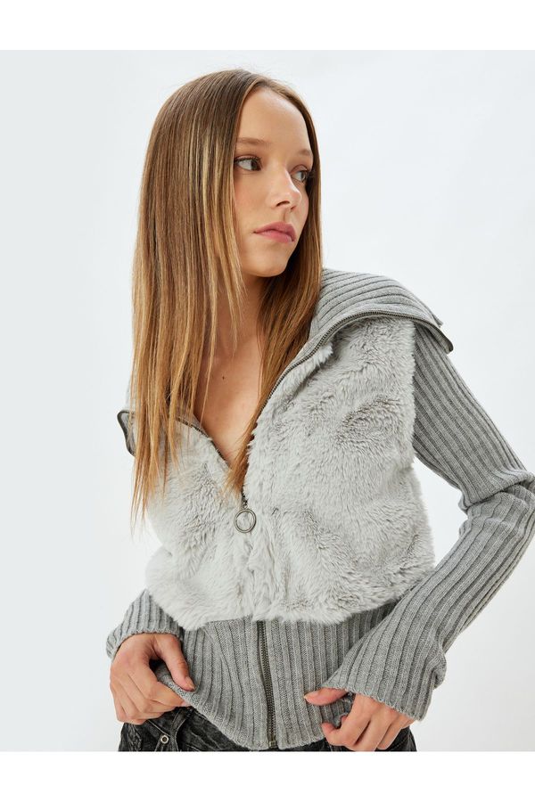 Koton Koton Faux Für Cardigan Stand Collar Zippered Ribbed Slim Fit