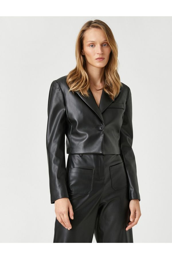 Koton Koton Faux Leather Crop Blazer Jacket with Single Button Pocket Detail