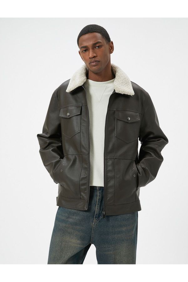 Koton Koton Faux Leather Jacket Fur Collar Pocket Zipper Lined Slim Fit