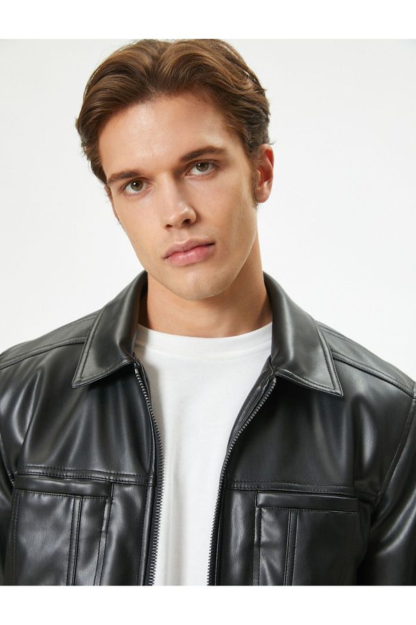 Koton Koton Faux Leather Jacket Pocket Zipper Lined Slim Fit