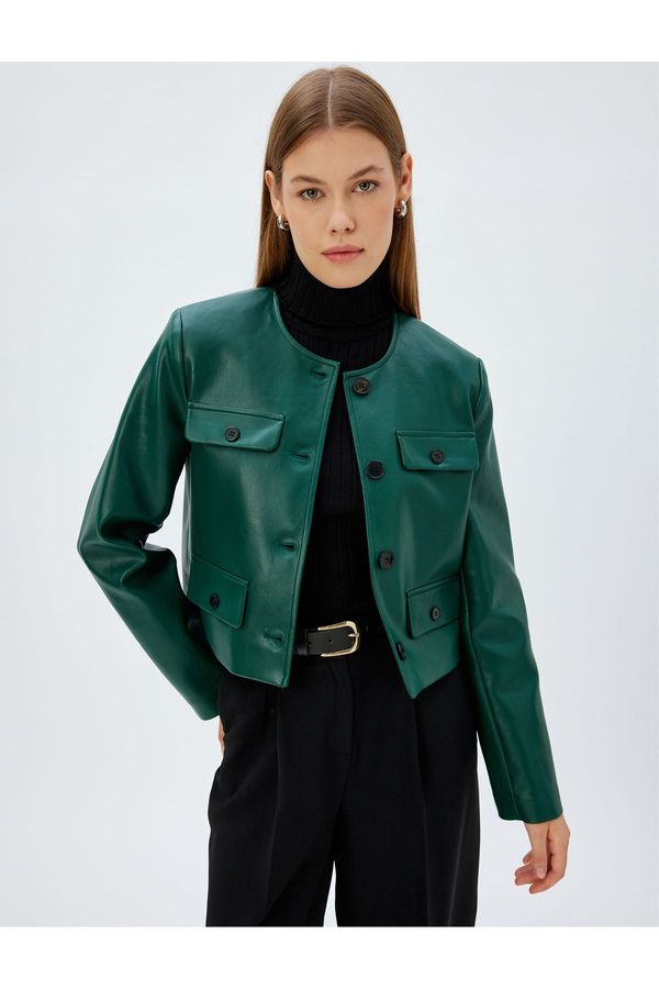 Koton Koton Faux Leather Jacket Round Collar Flap Pocket Detail