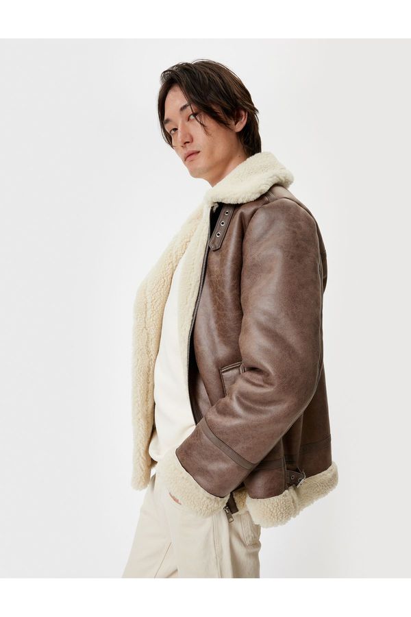 Koton Koton Faux Leather Jacket with Plush Detail and Zipper