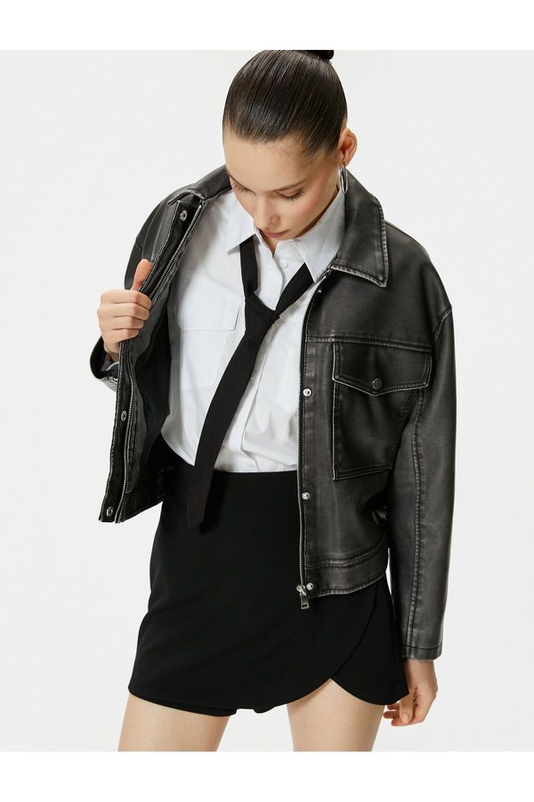 Koton Koton Faux Leather Jacket Worn Look Zippered Shirt Collar With Pocket