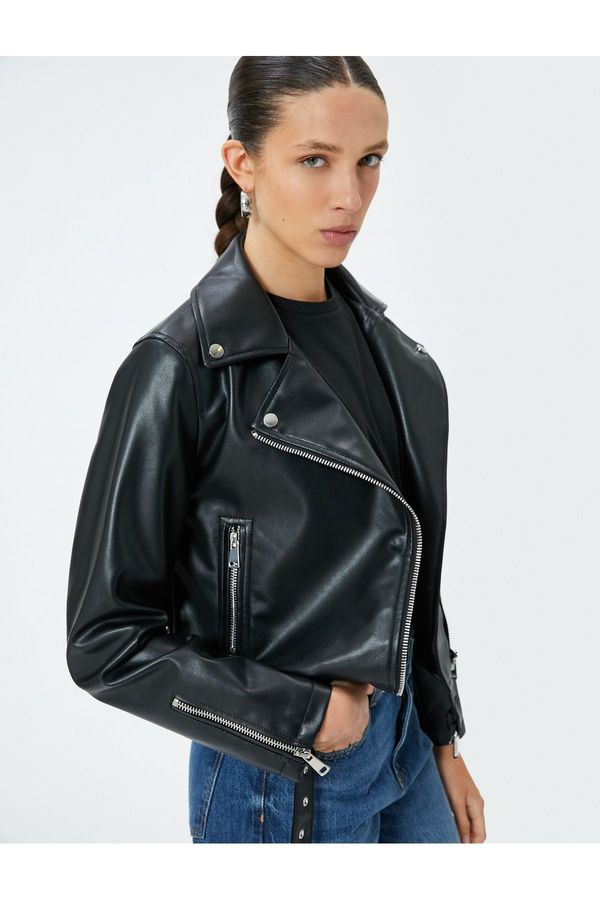 Koton Koton Faux Leather Jacket Zipper Double Breasted With Pocket