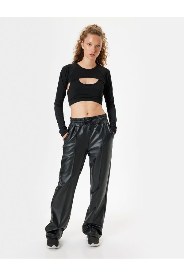 Koton Koton Faux Leather Sweatpants Tied Waist Ribbed High Waist Straight Leg Pocket
