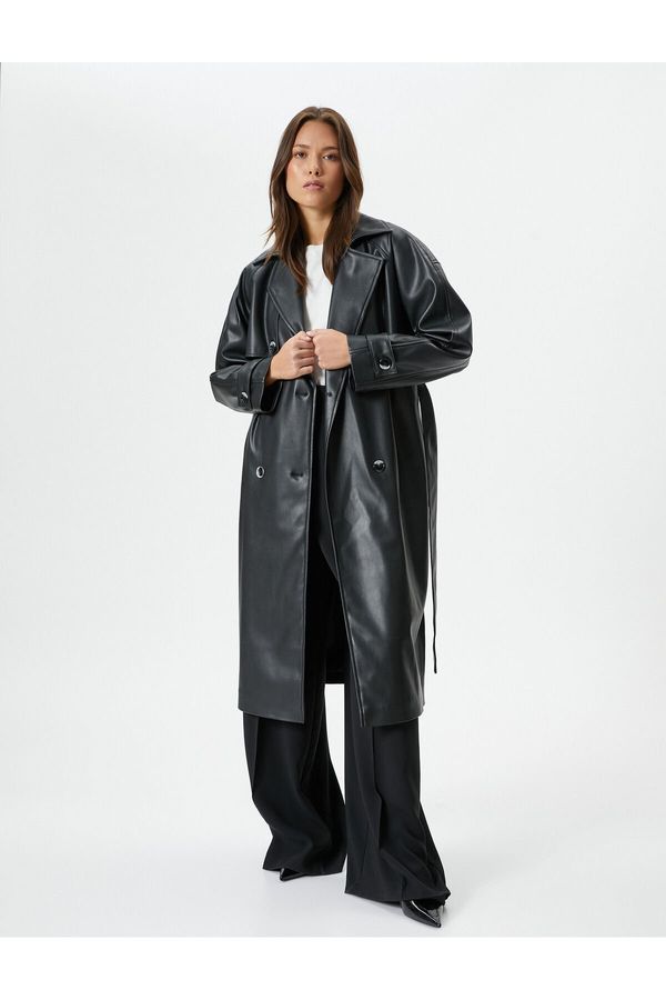 Koton Koton Faux Leather Trench Coat Belted Buttoned Double Breasted