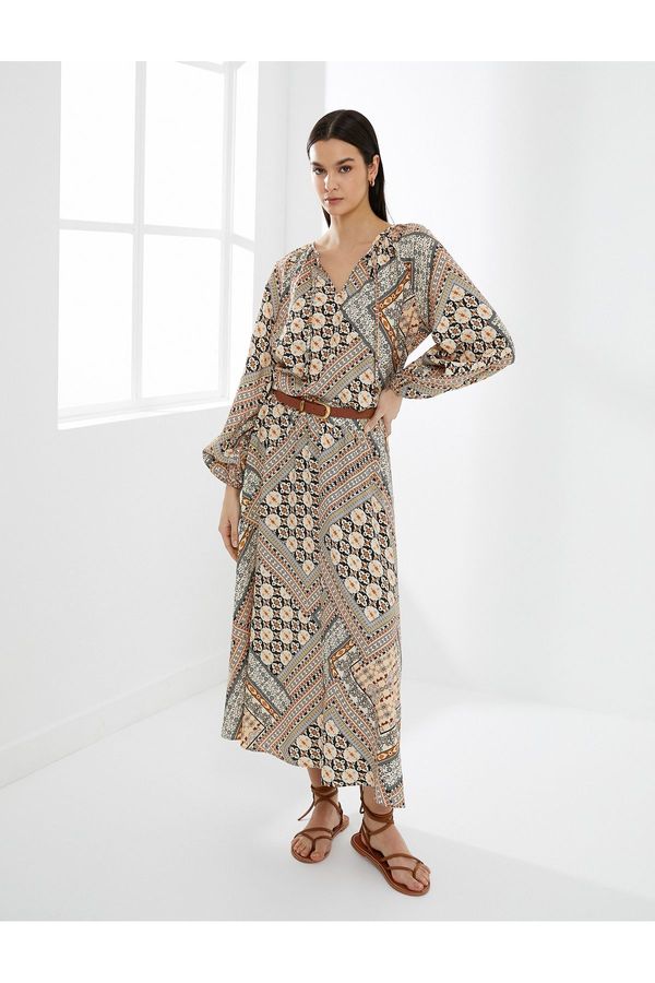 Koton Koton Flared Midi Skirt Ethnic Waist Tied Viscose