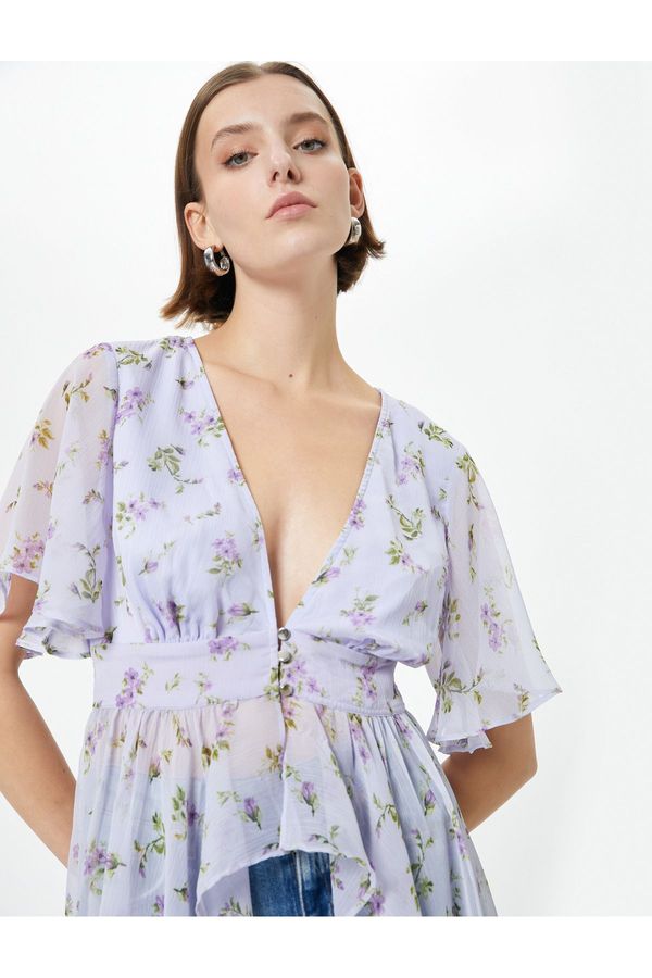 Koton Koton Floral Chiffon Blouse Asymmetric Cut Deep V Neck Buttoned Ruffle