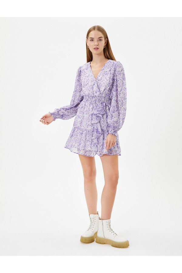 Koton Koton Floral Double Breasted Mini Dress Tulle Long Balloon Sleeve Ruffle Detailed