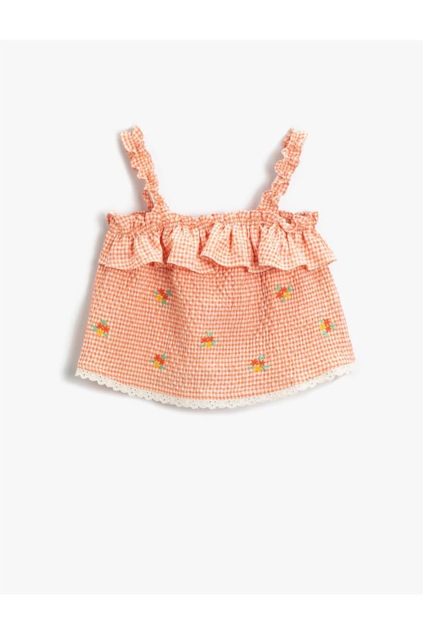 Koton Koton Floral Embroidered Gingham Dress with Ruffled Straps