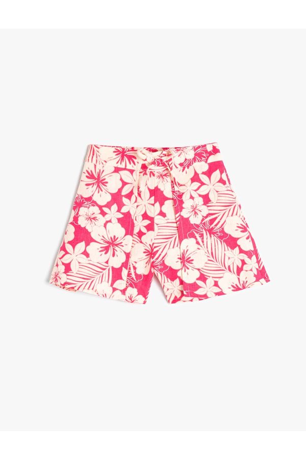 Koton Koton Floral Linen Shorts Lacing Double Breasted Detailed Comfortable Fit