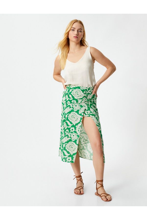 Koton Koton Floral Midi Skirt with Slits Pleated Regular Waist Cotton