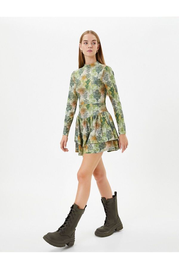 Koton Koton Floral Mini Dress Long Sleeve Tiered High Collar