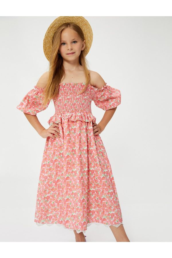 Koton Koton Floral Off Shoulder Dress With Balloon Sleeves Gippe Detailed Frilly