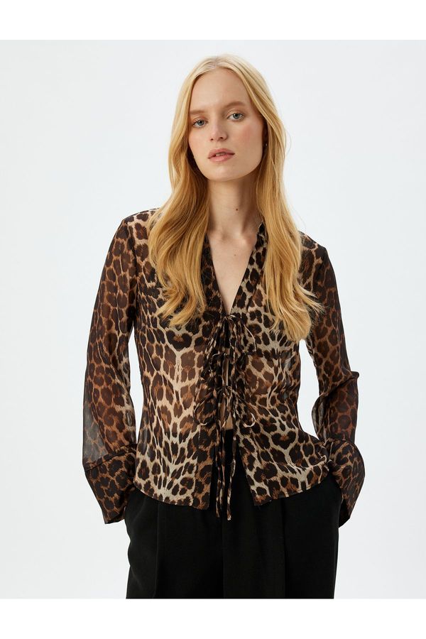 Koton Koton Front Tie Bow Detailed Transparent Tulle Leopard Patterned Blouse