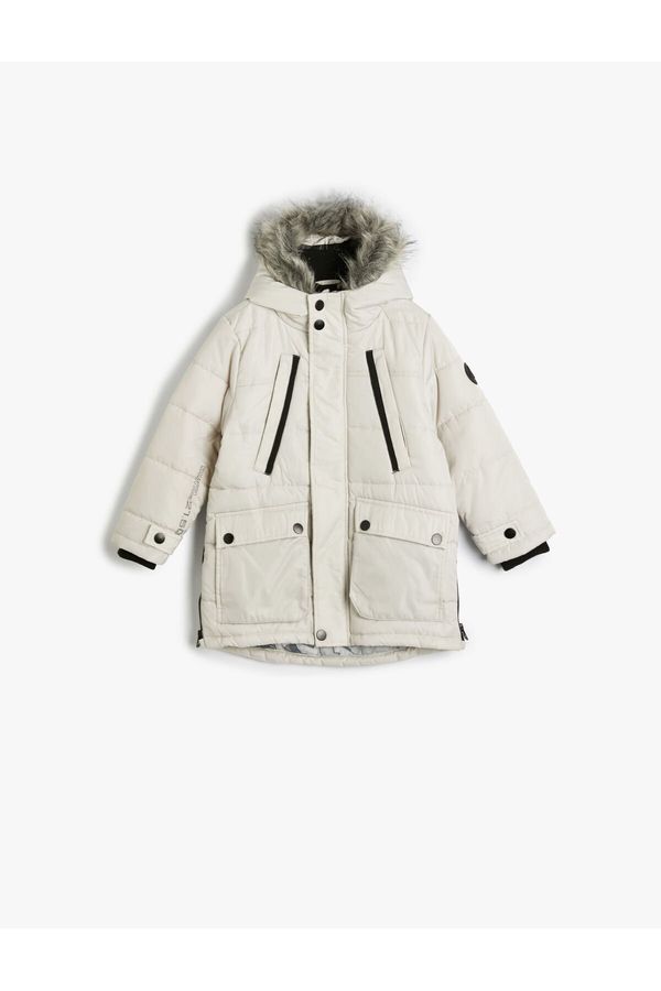 Koton Koton Furry Hooded Coat Covered Pocket Zipper Detail Windproof