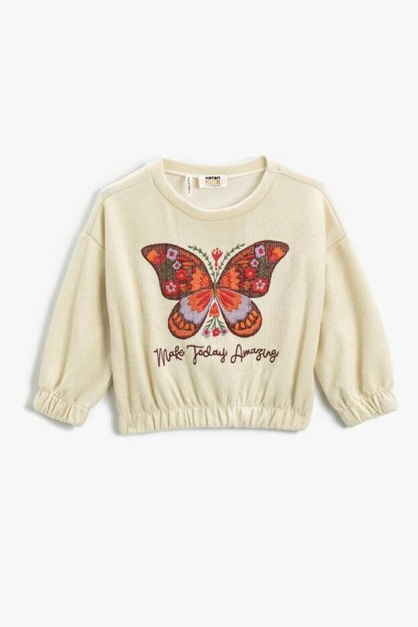 Koton Koton Girl's Butterfly Embroidered Ribbed Round Neck Crop Sweatshirt