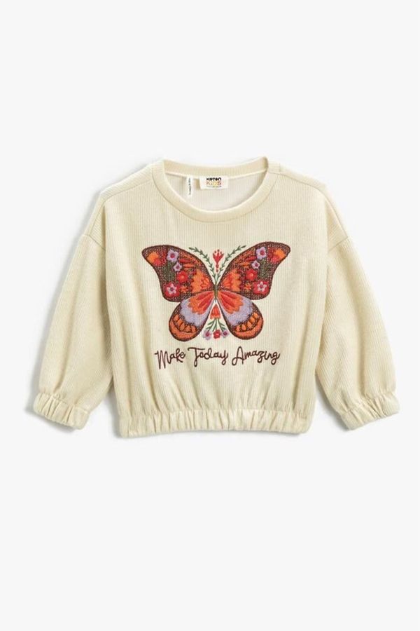 Koton Koton Girls' Embroidered Butterfly Ribbed Round Neck Crop Sweatshirt