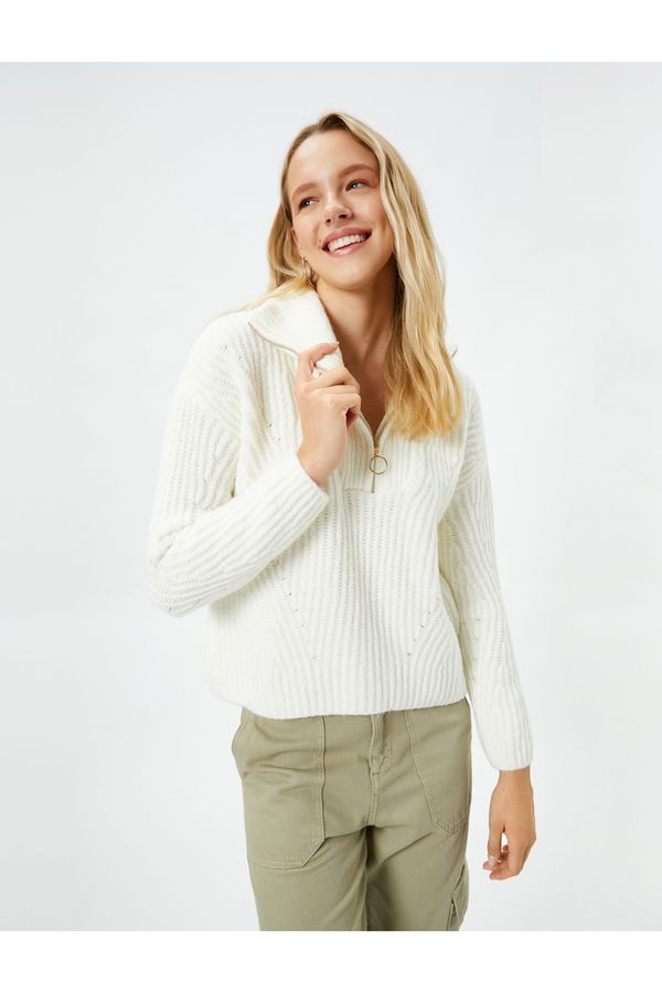 Koton Koton Half-Zip Knitwear Sweater High Neck Elastic Knit Detailed Soft Textured