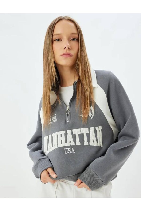 Koton Koton Half Zipper Sweatshirt College Embroidered Stand Collar Raised