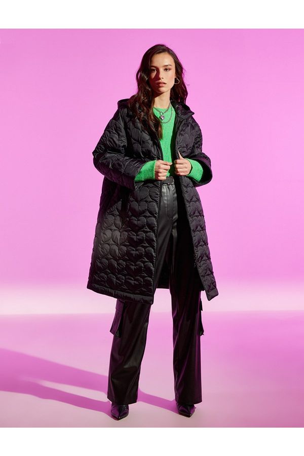 Koton Koton Heart Quilted Hooded Long Coat