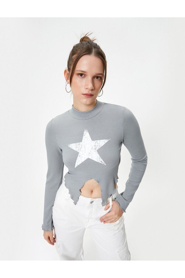 Koton Koton High Neck Crop T-Shirt Asymmetric Cut Long Sleeve Star Print Detailed Ribbed