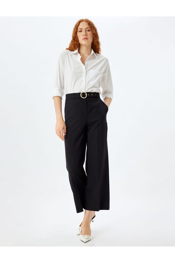 Koton Koton High Waist Short Wide Leg Pearl Belt Detailed Trousers