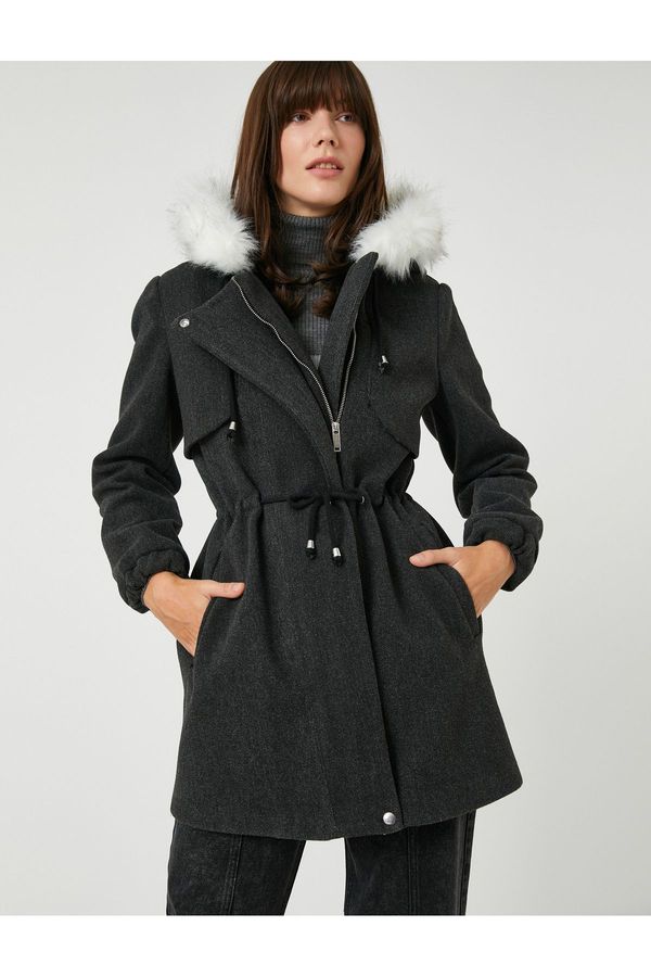 Koton Koton Hooded Coat with Plush Detail and Tied Waist