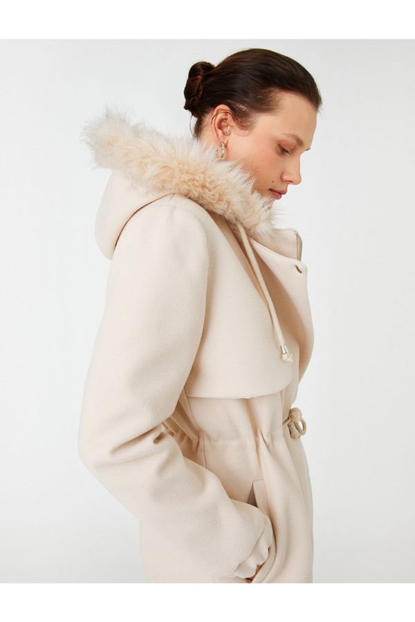 Koton Koton Hooded Coat with Plush Detail and Tied Waist