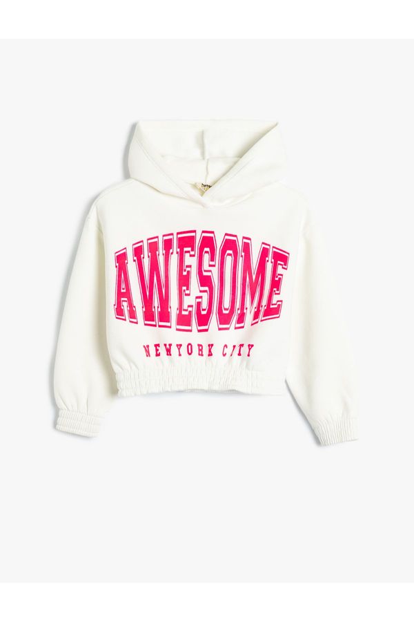 Koton Koton Hooded Crop Sweatshirt Cotton Slogan Printed