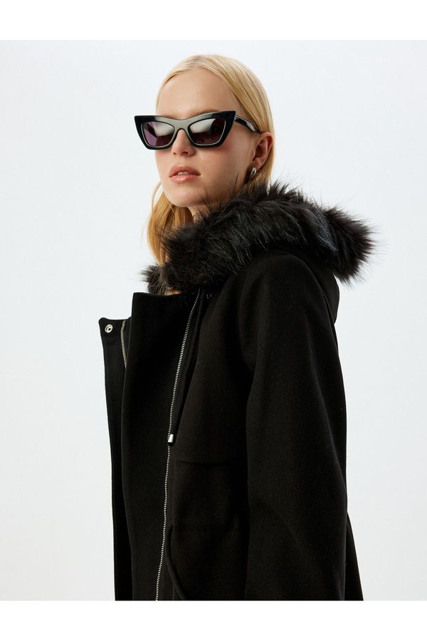 Koton Koton Hooded Faux Für Collar Cashmere Coat with Tie Waist and Zippered Pockets