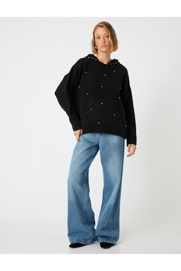 Koton Koton Hooded Oversize Knitwear Sweater with Stones Long Sleeves