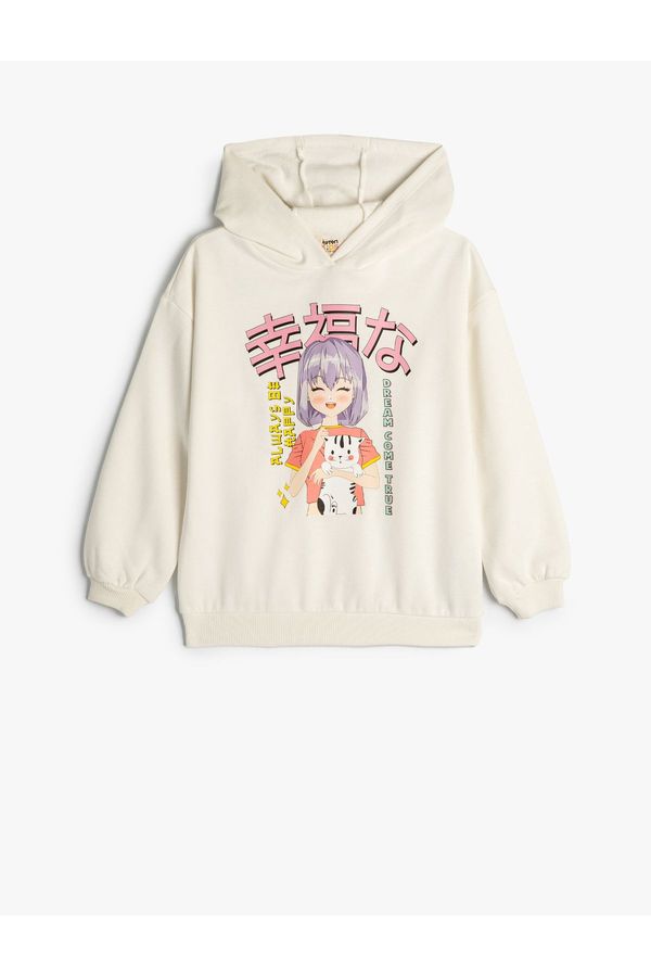 Koton Koton Hooded Oversize Sweatshirt Anime Printed Long Sleeve Raised Cotton