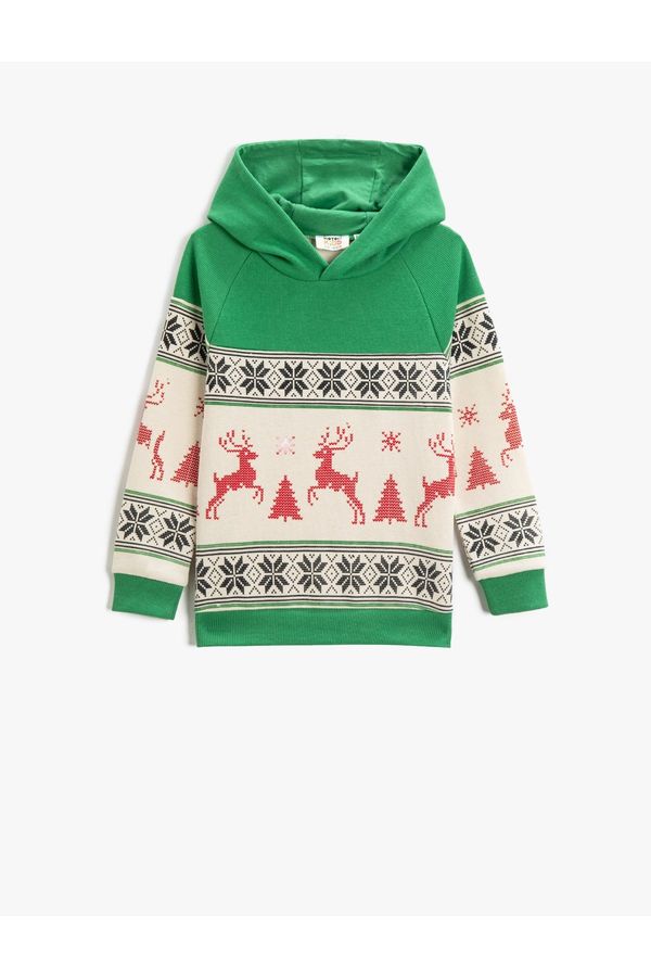 Koton Koton Hooded Sweatshirt Christmas Themed Patterned Woven Detailed
