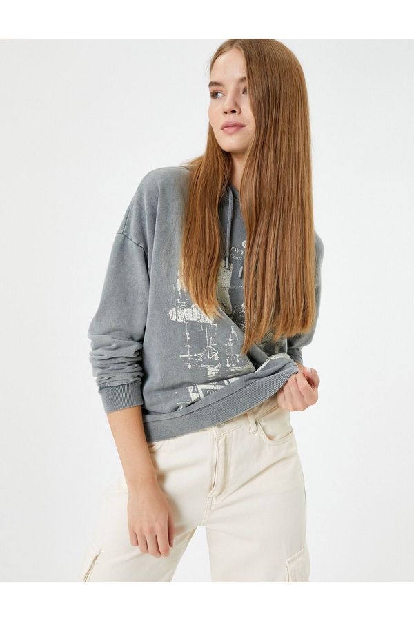 Koton Koton Hooded Sweatshirt Faded Effect Printed Raised Cotton