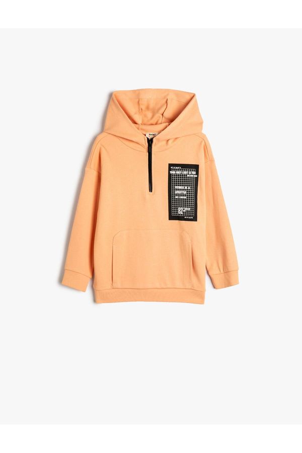 Koton Koton Hooded Sweatshirt Kangaroo Pocket Half Zipper Print Detail Cotton